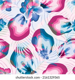 Patrón sin foco de flores de jazmín y plantilla de fondo de hojas de palma. Conjunto vectorial de elementos florales para impresión tropical, invitación a bodas, tarjeta de saludo, folleto, banner y diseño de moda. Verano