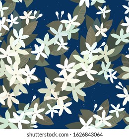 Seamless pattern with jasmine sprigs on dark night background