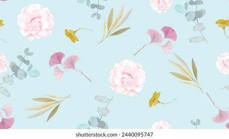 Seamless pattern of Jasminum sambac flowers and leaves with pink and blue on blue background