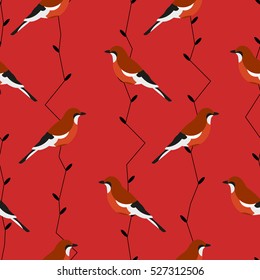 Seamless pattern with jay and branches. Ornament for textile and wrapping. Vector background.