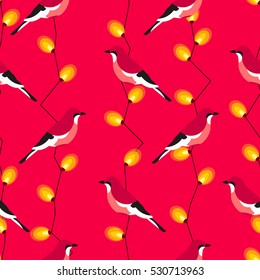 Seamless pattern with jay and garland with lights. Ornament for textile and wrapping. Vector background.