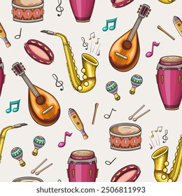 Seamless pattern with jazz musical instruments, saxophone, drum and maracas. Hand drawn vector musical background