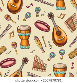 Seamless pattern with jazz musical instruments, mandolin, drum and maracas. Hand drawn vector musical background