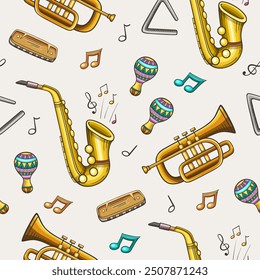 Seamless pattern with jazz musical instruments, trumpet, saxophone and maracas. Hand drawn vector musical background