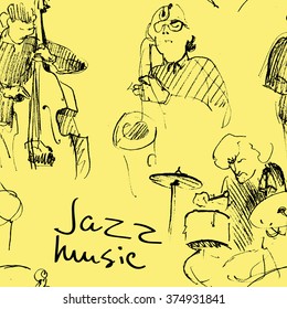 Seamless pattern of the jazz musicians. Vector sketches. Color squares background.