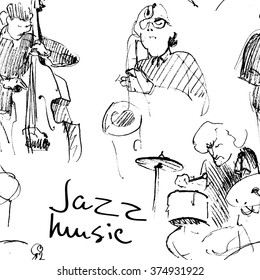 Seamless pattern of the jazz musicians. Vector sketches. Color squares background.