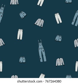 Seamless pattern with jeans clothes on a blue background.