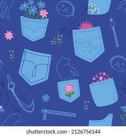 Seamless pattern with jeans pockets. Zipped pockets with floral embroidery and hanging chains. Vector blue pattern with hands in pockets.