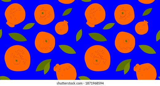 seamless pattern with Jeju Island Orange Hallabong and leaves. silhouettes of fruits. indigo color background. Modern design for packaging, paper, cover, fabric, interior decor, menu and clothes