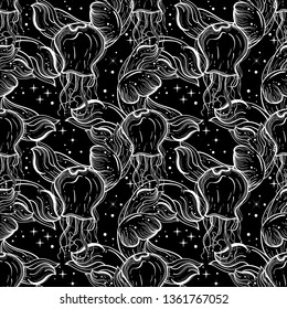 Seamless pattern with jelliyfish and waves. Summer vibes. Print could be used for yoga mat, phone case, textile.