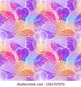 Seamless pattern with jelliyfish and waves. Summer vibes. Print could be used for yoga mat, phone case, textile.