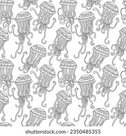 Patrón sin foco con peces gelatina - ilustración vectorial en blanco y negro dibujada a mano.