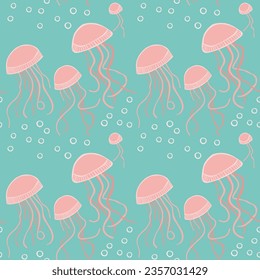 Nahtloses Muster mit Gelee-Fisch - handgezeichnete Vektorgrafik. Flaches Farbdesign.