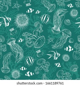 Seamless pattern with jelly fishes, underwater creatures and tropical fishes. Hand drawn vector illustration.