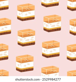 Patrón sin fisuras, piezas de postre de gelatina y mousse. Pasteles dulces en capas, interminable diseño de fondo para envolver, tela. Impresión repetible con pastelería, confitería. Ilustración vectorial plana