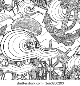 Seamless pattern with a jellyfish for adult antistress coloring page. Black white hand drawn vector doodle of an oceanic animal for coloring book.