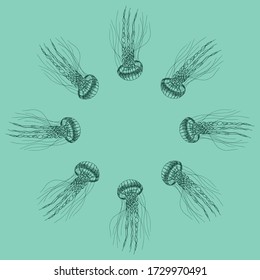 Seamless pattern of a jellyfish. Aqua mint color. Doodle hand-draw illustrations in vector. Design for background, packaging, weddings, fabrics, textiles, wallpaper, website, postcards.