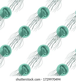 Seamless pattern of a jellyfish. Aqua mint color. Doodle hand-draw illustrations in vector. Design for background, packaging, weddings, fabrics, textiles, wallpaper, website, postcards.