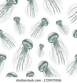 Seamless pattern of a jellyfish. Aqua mint color. Doodle hand-draw illustrations in vector. Design for background, packaging, weddings, fabrics, textiles, wallpaper, website, postcards.