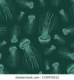 Seamless pattern of a jellyfish. Aqua mint color. Doodle hand-draw illustrations in vector. Design for background, packaging, weddings, fabrics, textiles, wallpaper, website, postcards.