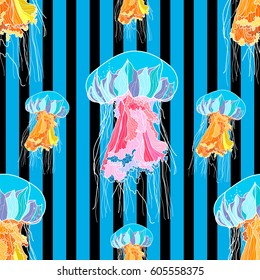 Seamless pattern with jellyfish and black stripes. Vector illustration.