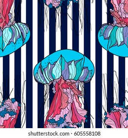 Seamless pattern with jellyfish and blue stripes. Vector illustration.