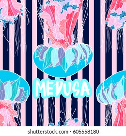 Seamless pattern with jellyfish, blue stripes and hand drawn calligraphy on pink background. Text - '' medusa'' Vector illustration.
