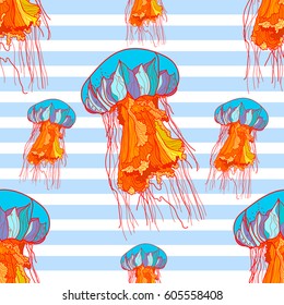 Seamless pattern with jellyfish and blue stripes on white background. Vector illustration.