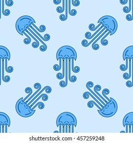 Seamless pattern with jellyfish, blue. Vector illustration of repeated jellyfishes for fabric, cards, textile, aquarium, travel agency, kids book.