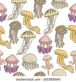 Seamless pattern of jellyfish in brown shades on a white background, underwater animals of various shapes and sizes vector illustration for design