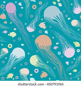 Seamless pattern with jellyfish, bubbles and fish on a blue background. Vector sea wallpaper with underwater creatures. 