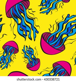 seamless pattern jellyfish cartoon, bright, pink, blue on yellow background