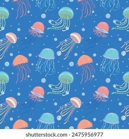 Seamless pattern with jellyfish in cartoon style. Blue background. The underwater world. Perfect for clothing design, home textiles, fabric print, scrapbook elements, greeting card and wrapping paper.