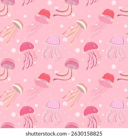 Seamless pattern with jellyfish in cartoon style. Pink background. The underwater world. Perfect for baby prints, home textiles, fabric print, cover design, greeting card and wrapping paper design.