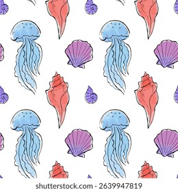 Seamless pattern with jellyfish and colorful seashells. Oceanic life design for wrapping paper, fabric, textile, or packaging. Minimalistic vector line illustrations with watercolor stains.