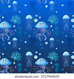 Seamless pattern with jellyfish, coral, and bubbles