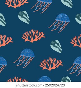 A seamless pattern with jellyfish, coral, seashells, and ocean plants in a marine blue palette