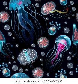 Seamless pattern with Jellyfish, corals, seaweed and other inhabitants of the ocean. Vector.