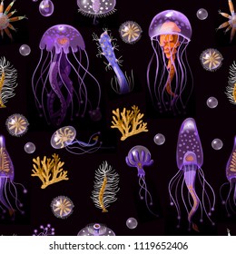 Seamless pattern with Jellyfish, corals, seaweed and other inhabitants of the ocean. Vector.