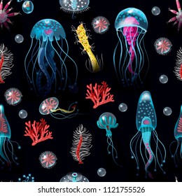 Seamless pattern with Jellyfish, corals, seaweed and other inhabitants of the ocean. 