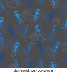 Seamless pattern with Jellyfish, corals, seaweed and other inhabitants of the ocean. Vector. For decoration of textiles, packaging, wallpaper.