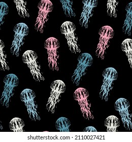 Seamless pattern with Jellyfish, corals, seaweed and other inhabitants of the ocean. Doodle texture print for child, textile, shirt, clothes, banner, website, greeting card. Vector illustration.