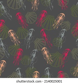 Seamless pattern with Jellyfish, corals, seaweed and other inhabitants of the ocean. bright children's print for fabric with sea jellyfish.