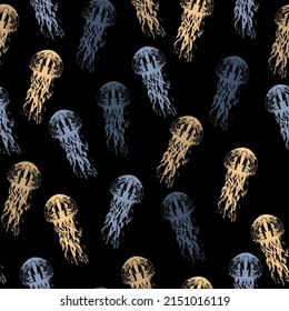 Seamless pattern with Jellyfish, corals, seaweed and other inhabitants of the ocean. For decoration of textiles, packaging, wallpaper.