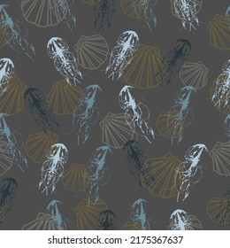 Seamless pattern with Jellyfish, corals, seaweed and other inhabitants of the ocean.  Hand drawn line art. Wallpaper, textile, print design