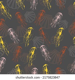 Seamless pattern with Jellyfish, corals, seaweed and other inhabitants of the ocean. For decorating textiles, packaging and web design.