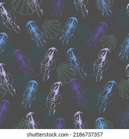 Seamless pattern with Jellyfish, corals, seaweed and other inhabitants of the ocean. Vector. For decorating textiles, packaging and web design.