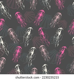 Seamless pattern with Jellyfish, corals, seaweed and other inhabitants of the ocean. Vector. Sea collection.