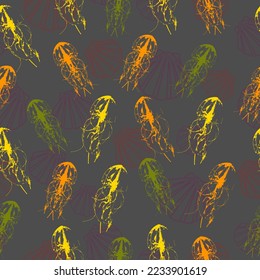 Seamless pattern with Jellyfish, corals, seaweed and other inhabitants of the ocean. Vector. For decorating textiles, packaging and web design.