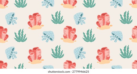 Seamless pattern with jellyfish, corals and seaweed in flat hand-drawn style for summer design. Underwater marine life background with cute jellyfish, colorful coral reefs and ocean plants. Vector nautical illustration for textile design, summer wallpaper and kids wrapping paper.